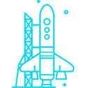 Ícone azul neon de um foguete  em uma plataforma de lançamento, 
                              apontando para cima.